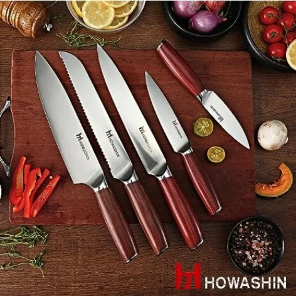 5 pcs - Professional Kitchen Knife Set with Red Sandalwood Handles